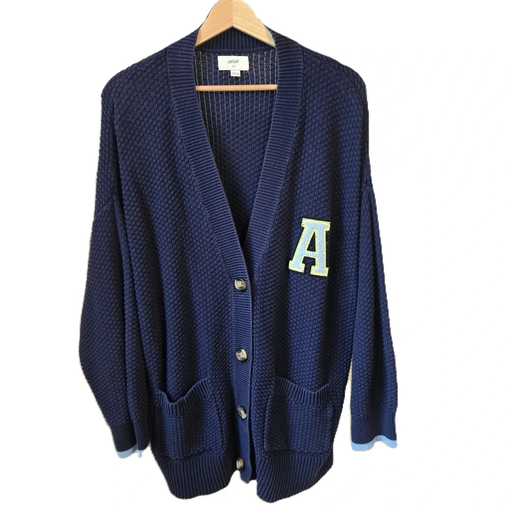 Aerie Sweater Womens Large Navy Collegiate Oversized Cardigan Varsity Letterman - Picture 3 of 12
